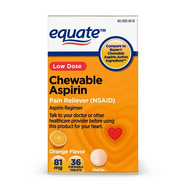 Equate Aspirin 81 mg Pain Reliever (NSAID) Chewable Tablets, Low Dose Aspirin, Orange Flavor, 36