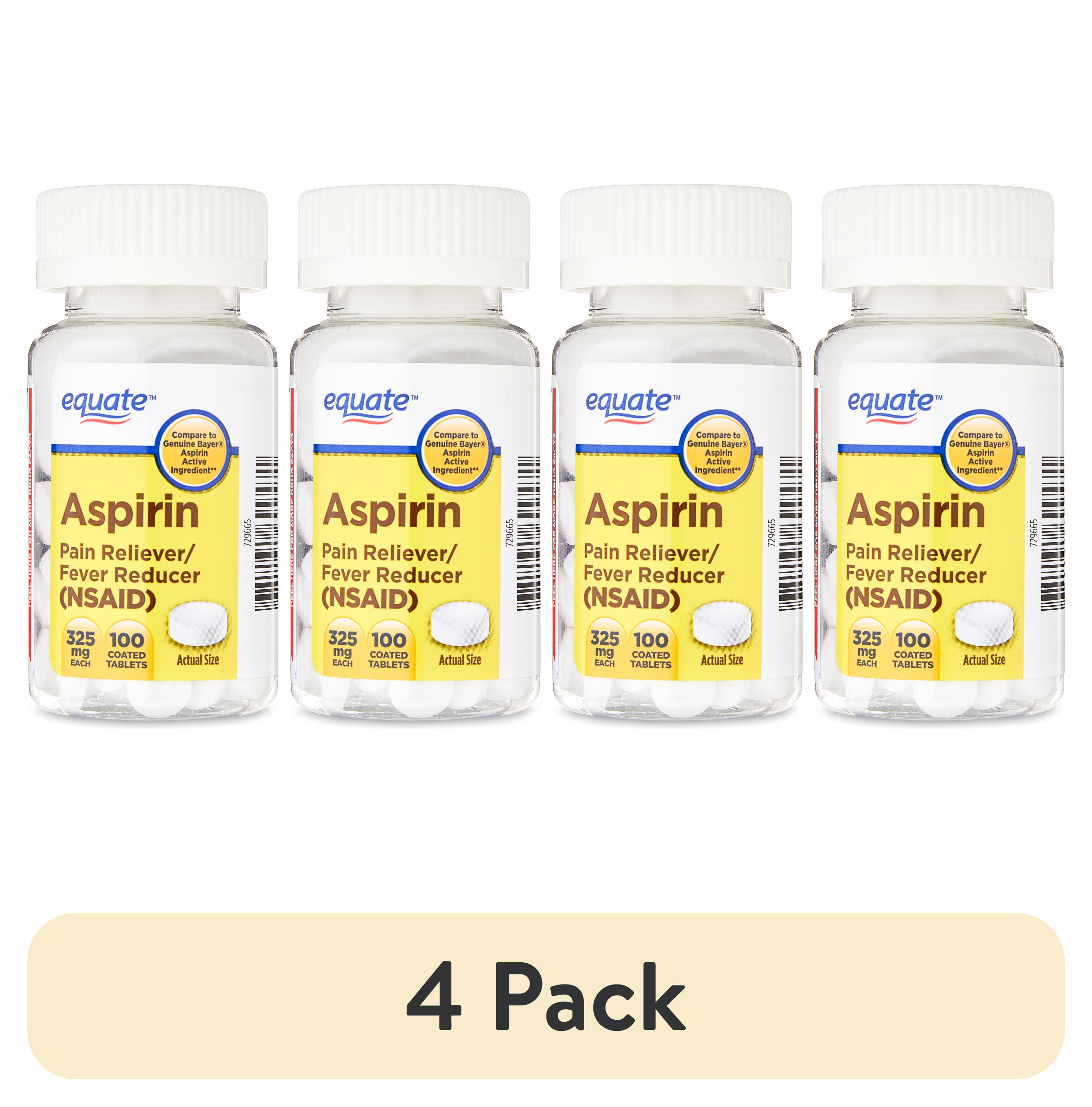 (4 pack) Equate SafetyCoated Aspirin Tablets for Pain and Fever Relief, 325mg, 100 Count