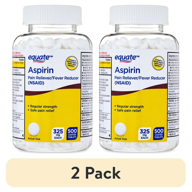 (2 pack) Equate Aspirin Pain Reliever/Fever Reducer Coated Tablets