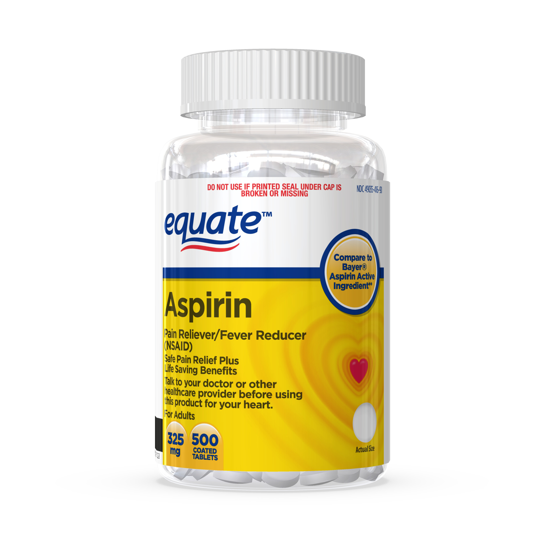 Equate Aspirin Pain Reliever and Fever Reducer (NSAID) Coated Tablets, 325 mg, (NSAID), 500 Count - image 1 of 8