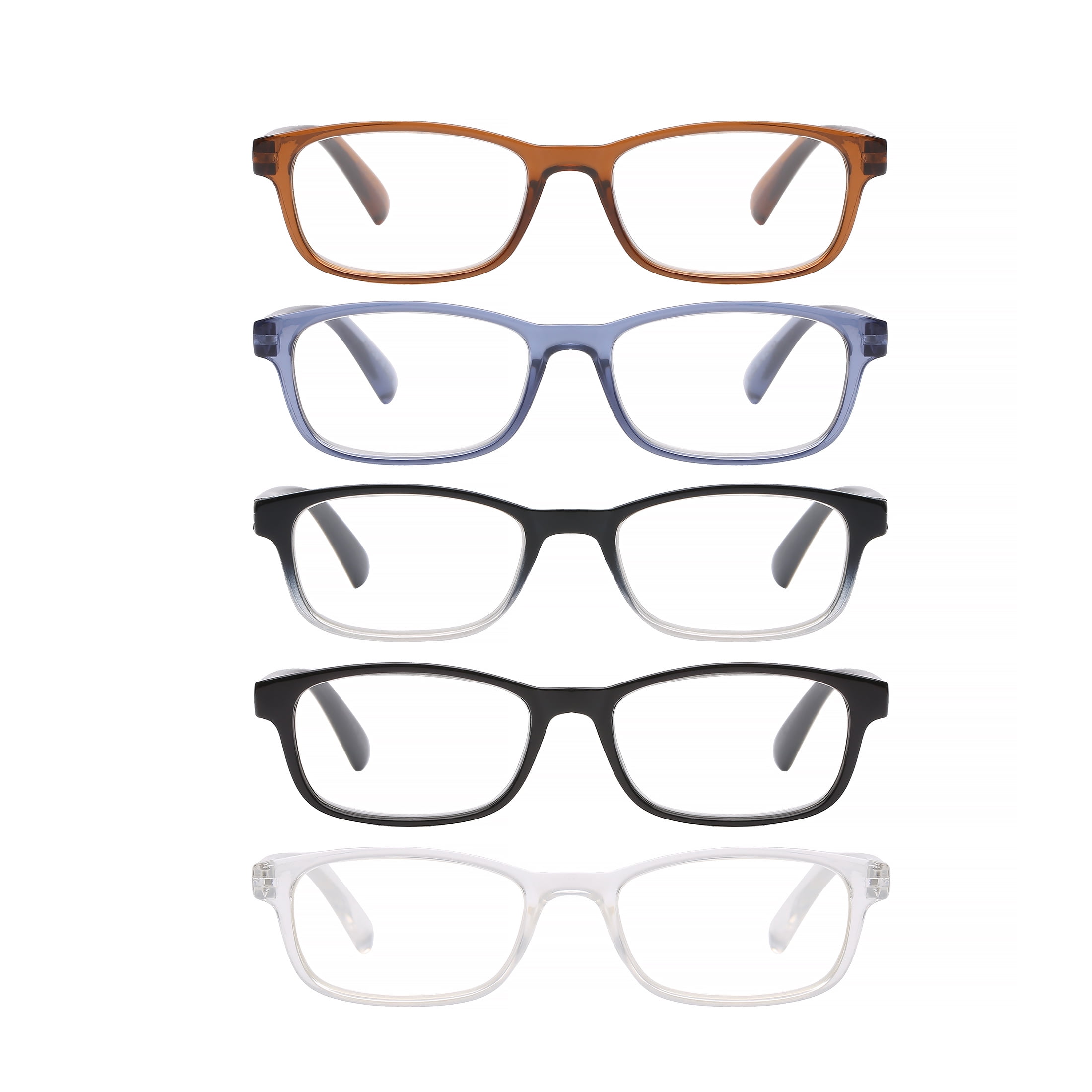 Equate Bailey 5-Pack Unisex Spring Hinge Plastic Reading Glasses with Case, Crystal/Black Gradient/Brown Crystal/Matte Black/Blue Crystal, +1.50