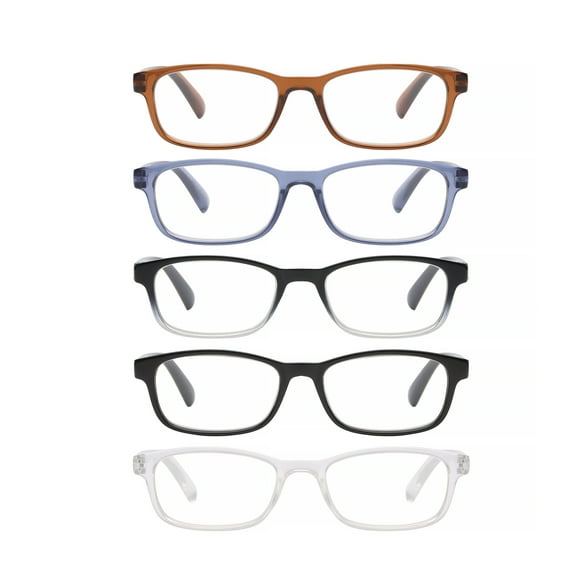Equate Bailey 5-Pack Unisex Spring Hinge Plastic Reading Glasses with Case, Crystal/Black Gradient/Brown Crystal/Matte Black/Blue Crystal, +2.50