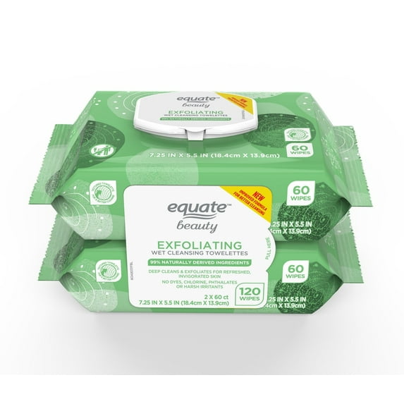Equate Beauty Exfoliating Wet Cleansing Towelettes Makeup Remover Wipes, 2 Pack, 60 Wipes