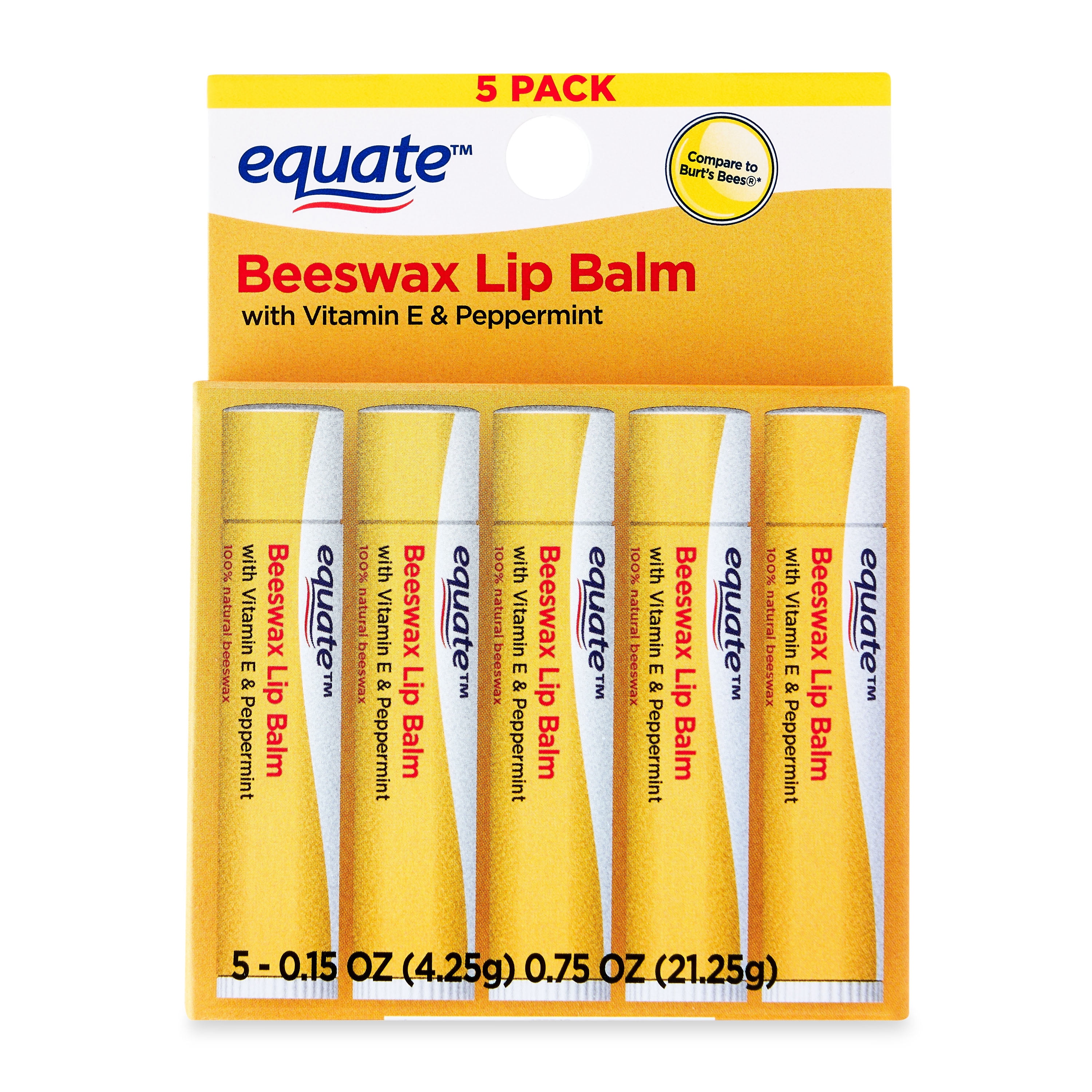 Equate Beeswax Lip Balm with Vitamin E & Peppermint, 0.75 oz, 5 Count