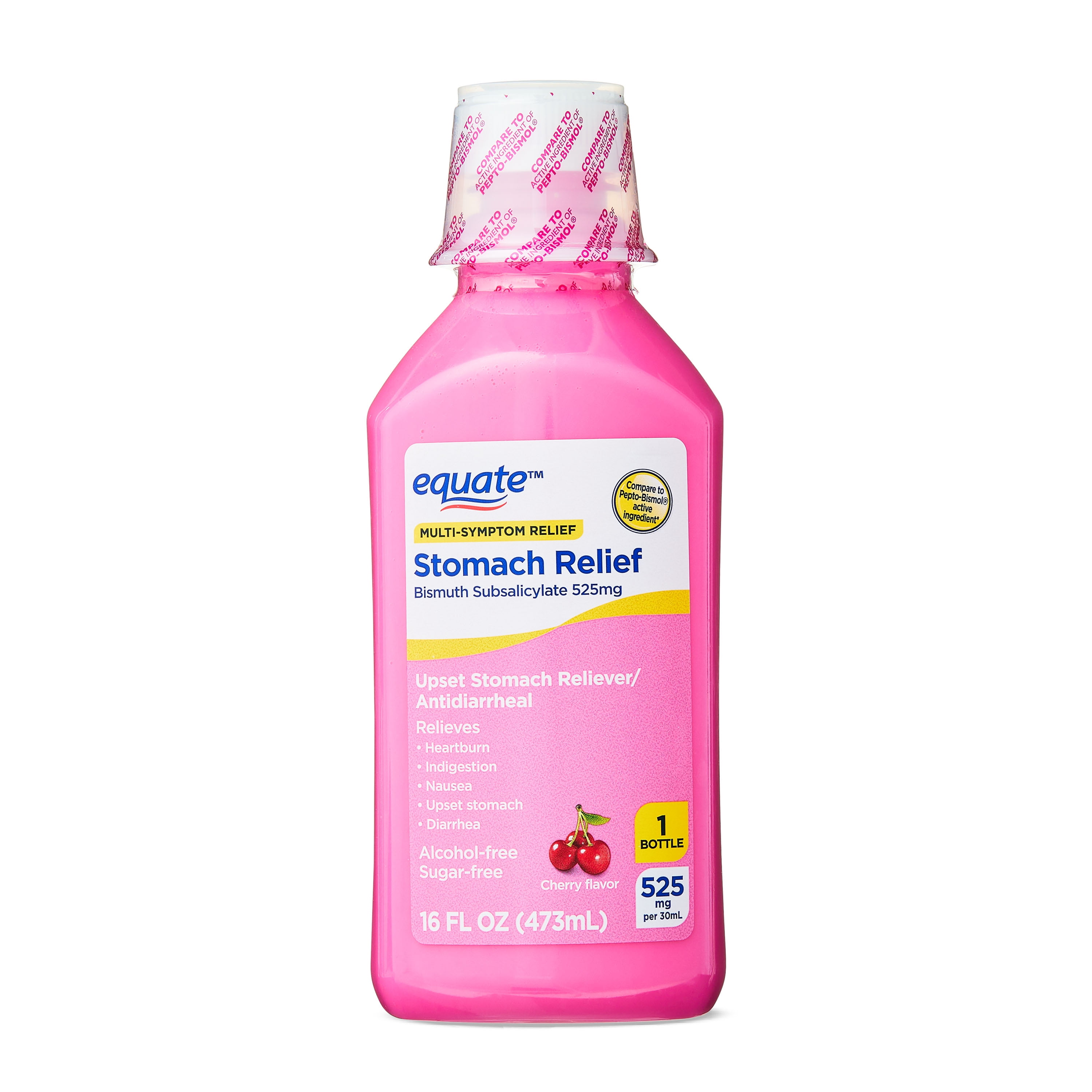 Equate Bismuth Liquid, Mulit Symptom Relief for Upset Stomach Reliever and Antidiarrheal, 525mg, Cherry flavor, 16 Fl oz, Compare to Pepto-Bismol Active Ingredient