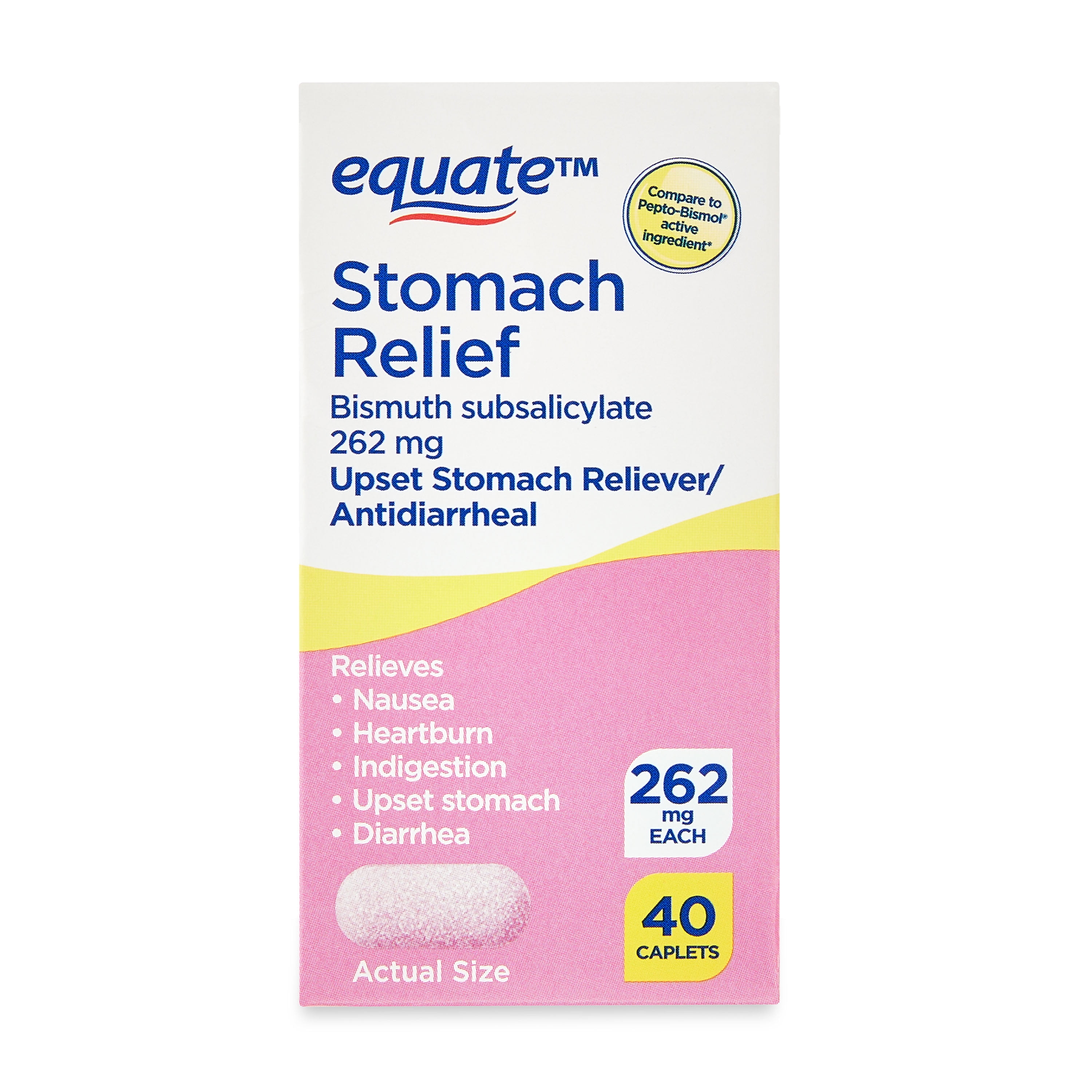Equate Bismuth Subsalicylate Upset Stomach and Diarrhea Relief Caplets, 262mg, 40 Count