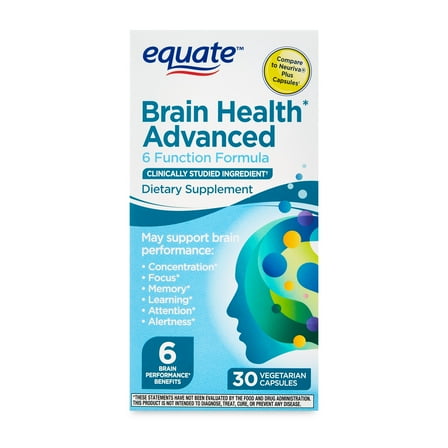 Equate Brain Health Advanced 6 Function Formula Dietary Supplement Capsules, 30 Count, Compare to Neuriva® Plus Capsules