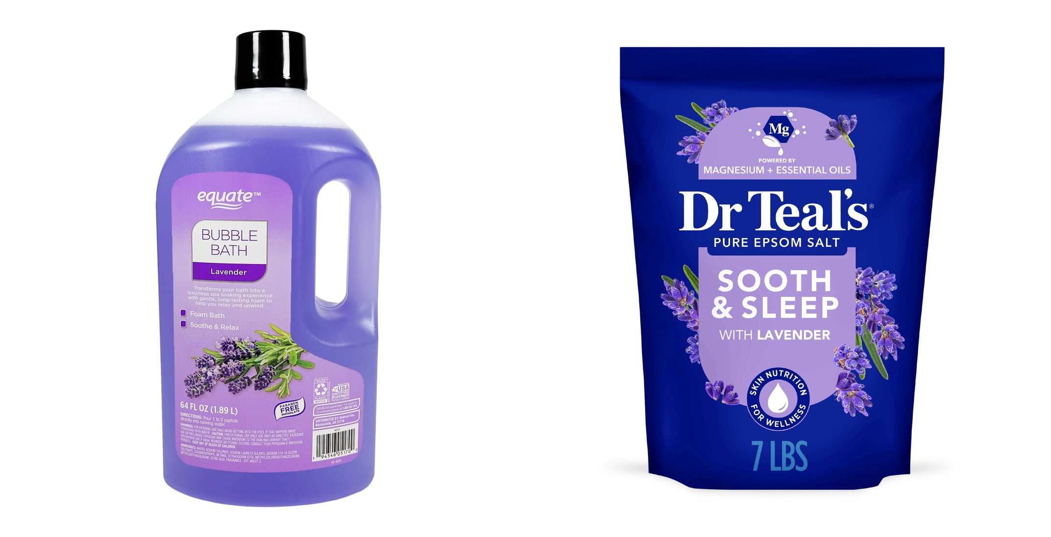 Equate Bubble Bath, Lavender & Dr Teal's Epsom Salt Magnesium Soak, Soothe & Sleep with Lavender, 7 lbs Bundle