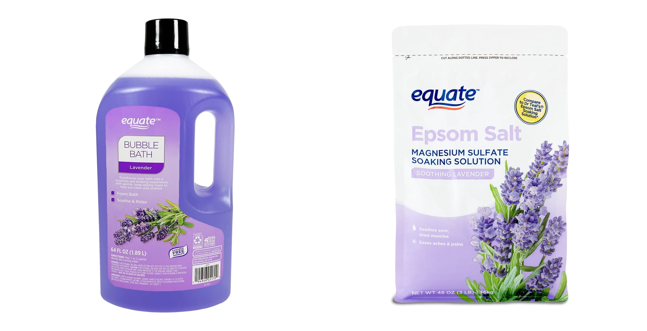 Equate Bubble Bath, Lavender & Equate Epsom Salt Soothing Lavender, 3 Lbs Bundle