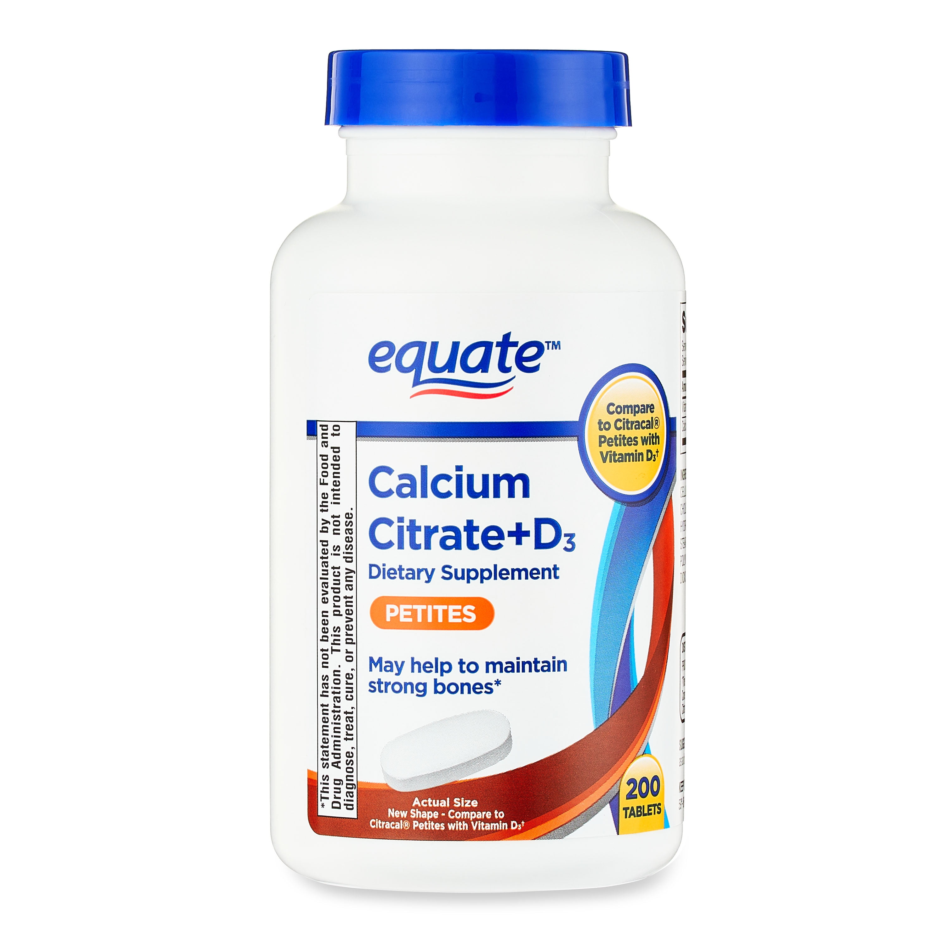 Equate Calcium Citrate + D3 Petites Tablets Dietary Supplement, 200 Count, Compare to Citracal Petites with Vitamin D3