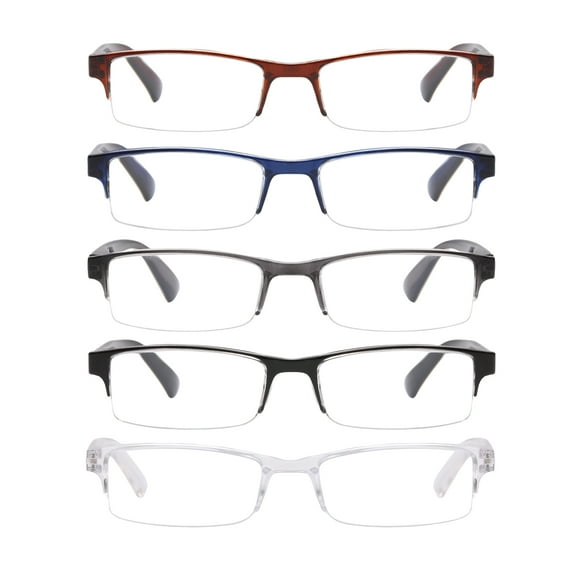 Equate Cameron 5-Pack Unisex Spring Hinge Plastic Reading Glasses with Case, Black/Crystal/Navy Blue/Brown/Grey, +1.25