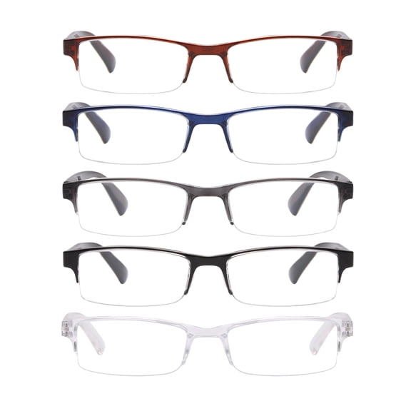 Equate Cameron 5-Pack Unisex Spring Hinge Plastic Reading Glasses with Case, Black/Crystal/Navy Blue/Brown/Grey, +1.75