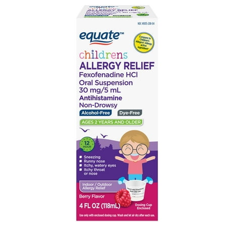 Equate Children’s 12-Hour Non Drowsy Fexofenadine Allergy Relief Oral Solution, 30 mg, Berry Flavor, 4 fl oz, Compare to Children's Allegra® Allergy Active Ingredient