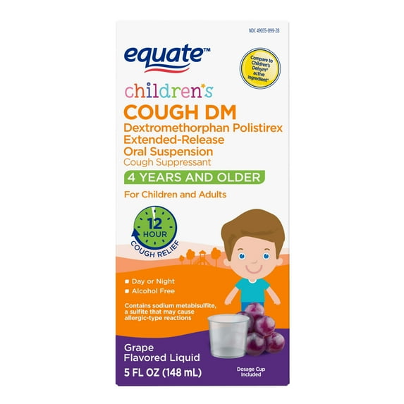 Equate Children’s 12 Hour Cough Relief DM Liquid, Grape Flavor, Ages 4 Years and Older, 5 oz, Compare to Children's Delsym® Active Ingredients