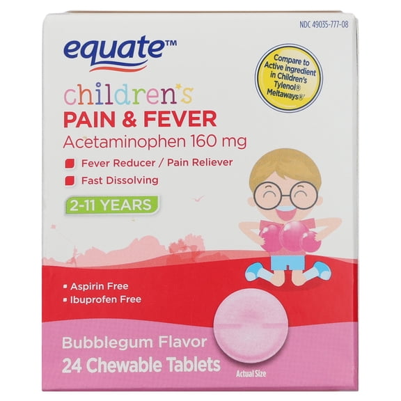 Equate Children's Acetaminophen Pain & Fever Relief Chewable Tablets, Bubblegum, 160 mg, 24 Count