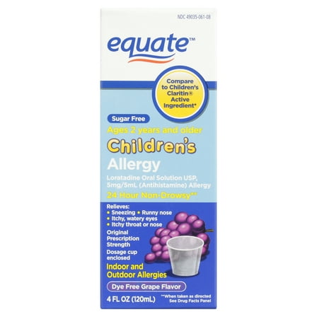 Equate Children’s 24-Hour Dye-Free Non Drowsy Loratadine Allergy Relief Oral Solution, Grape Flavor, Ages 2 Years and Older, 4 fl oz, Compare to Children's Claritin® Active Ingredient