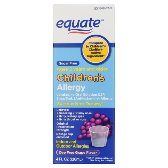 Equate Children's 24-Hour Non-Drowsy Loratadine Allergy Relief Oral Solution, Dye-Free Grape Flavor, Ages 2 Years and Older, 4 fl oz