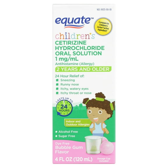 Equate Children's 24-Hour Cetirizine Hydrochloride Allergy Relief Oral Solution, 1 mg, Bubble Gum Flavor, Ages 2 Years and Older, 4 fl oz, Compare to Children's Zyrtec Active Ingredient