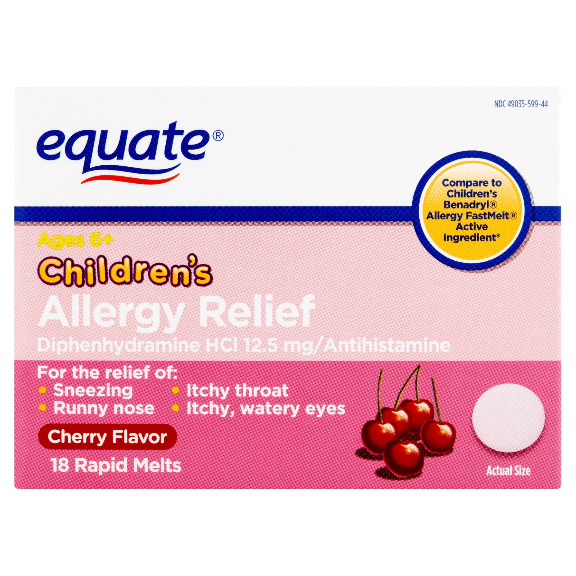 Equate Children's Allergy Relief Diphenhydramine Cherry Melts, 12.5 mg, 18 Ct