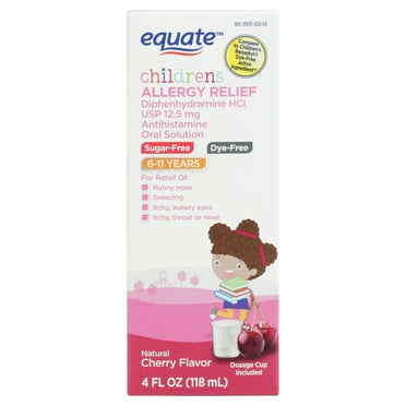 Equate Children's Dye-Free Diphenhydramine Allergy Relief Oral Solution, 12.5 mg, Cherry Flavor, Ages 6 to 11 Years, 4 fl oz, Compare to Children's Benadryl® Dye-Free Active Ingredient