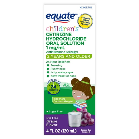 Equate Children's 24-Hour Dye-Free Cetirizine Hydrochloride Allergy Relief Oral Solution, 1 mg, Grape Flavor, Ages 2 Years and Older, 4 fl oz, Compare to Children's Zyrtec Active Ingredient