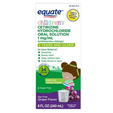 Equate Children's 24-Hour Dye-Free Cetirizine Hydrochloride Allergy Relief Oral Solution, 1 mg, Grape Flavor, Ages 2 Years and Older, 8 fl oz, Compare to Children's Zyrtec® Active Ingredient