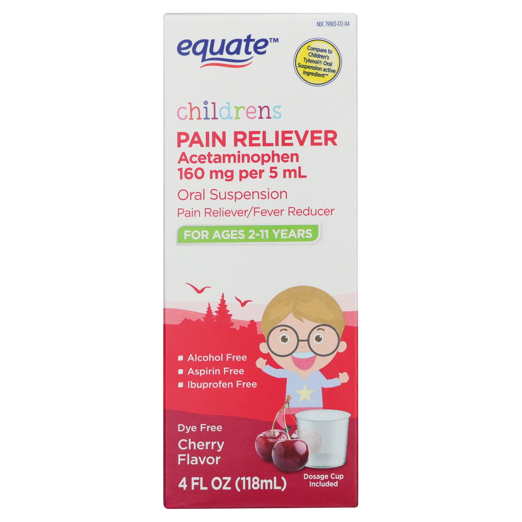 Equate Children's Dye-Free Pain & Fever Relief Acetaminophen Oral Suspension, Cherry Flavor, 160 mg, Ages 2-11, 4 fl oz