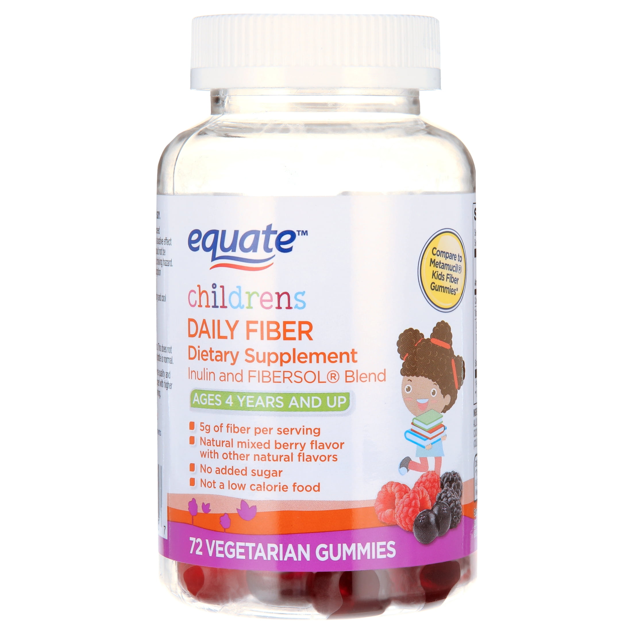 Equate Childrens Daily Fiber Dietary Supplement Vegetarian Gummies, Mixed Berry Flavor, 72 Count