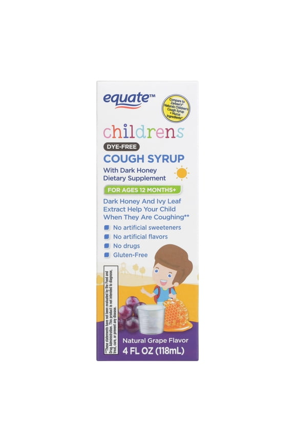 Children's Dye-Free Cough Syrup with Dark Honey Dietary Supplement, Natural Grape Flavor, Ages 12 Months+, 4 fl oz, Compare to Zarbee's Naturals Children's Cough Syrup + Mucus Ingredients
