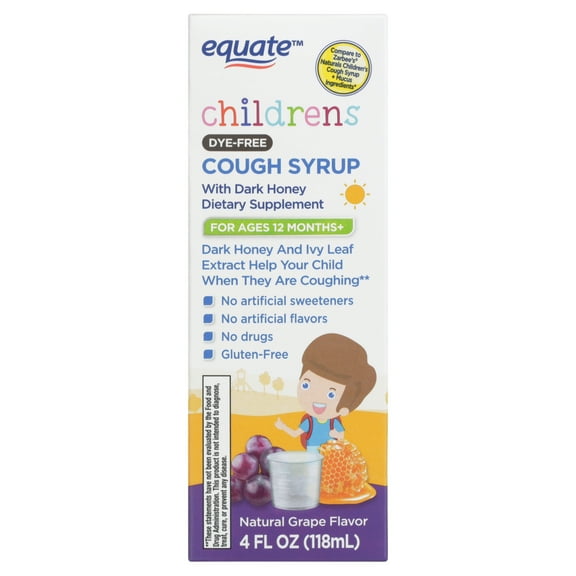 Equate Children's Dye-Free Cough Syrup with Dark Honey Dietary Supplement, Natural Grape Flavor, Ages 12 Months+, 4 fl oz, Compare to Zarbee's Naturals Children's Cough Syrup + Mucus Ingredients