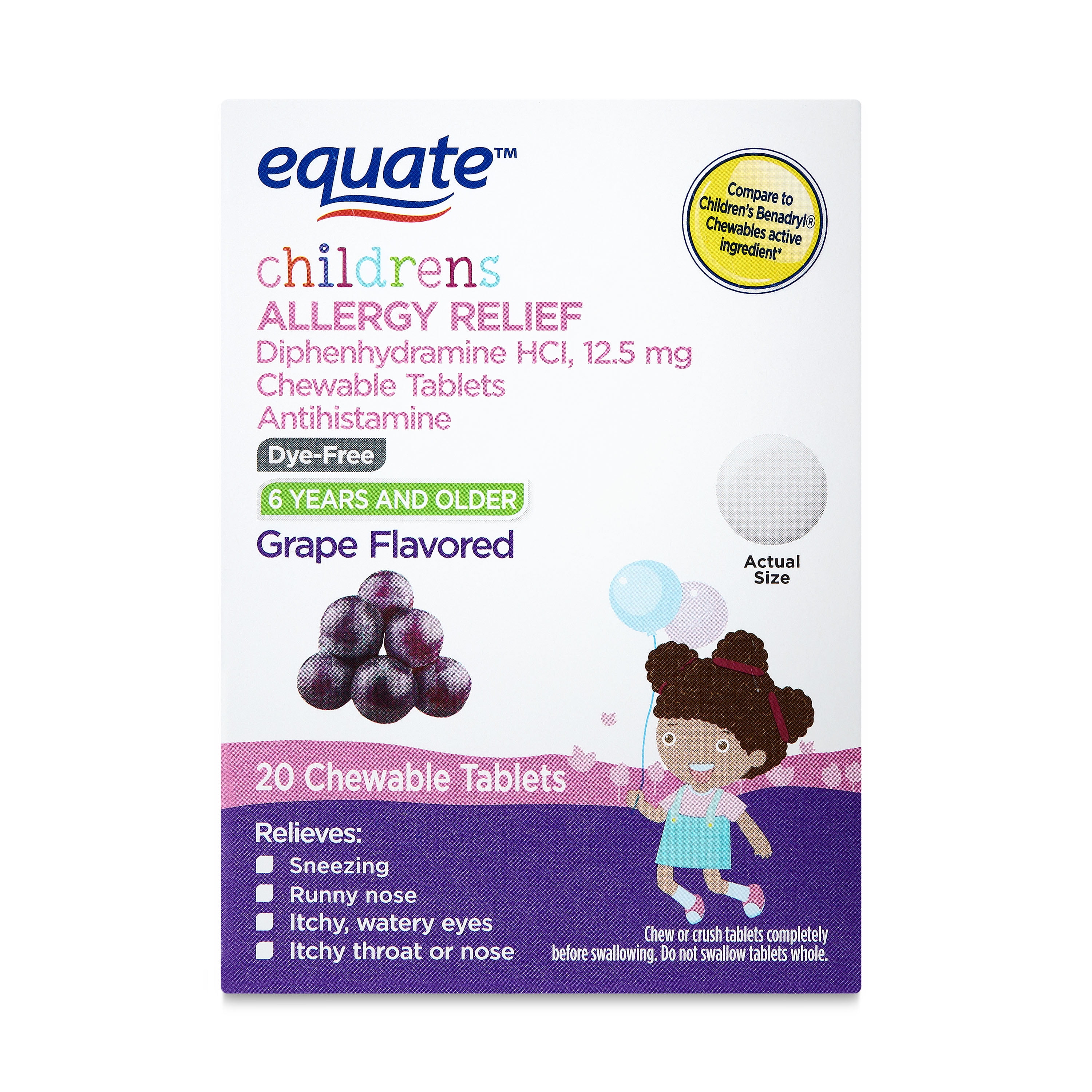 Equate Children's Dye-Free Allergy Relief, Diphenhydramine HCl, Grape Flavor, 20 Chewable Tablets