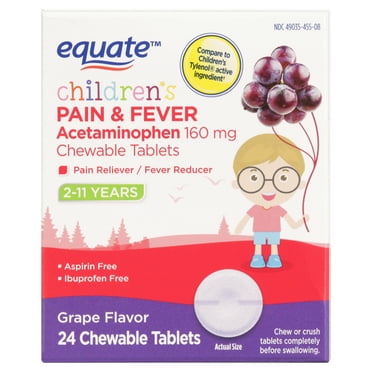 Equate Children's Pain & Fever Relief Acetaminophen Chewable Tablets, 160 mg, Grape Flavor, Ages 2 to 11 Years, 24 Count, Compare to Children's Tylenol® Active Ingredient