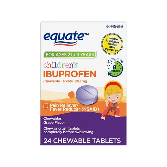 Equate Children's Ibuprofen Chewable Tablets, 100 mg, Grape Flavor, Ages 2 to 11 Years, 24 Count, Compare to Children's Motrin Active Ingredient