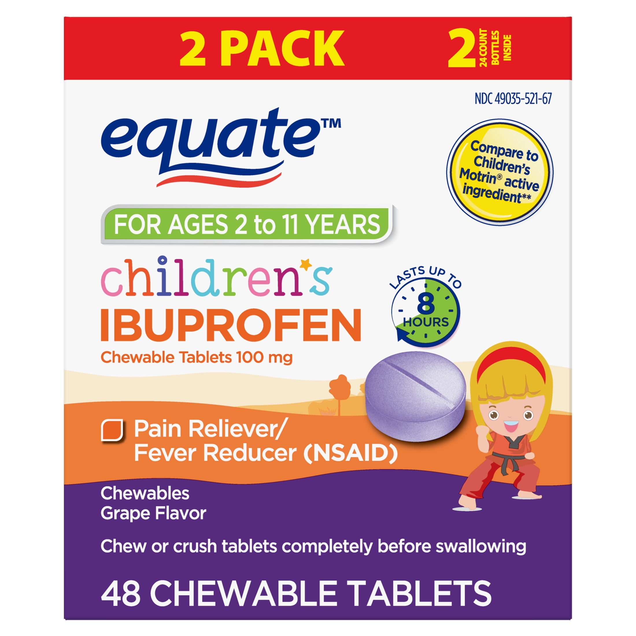 Equate Children's Ibuprofen Chewable Tablets, 100 mg, Grape Flavor, Pain Reliever and Fever Reducer (NSAID), 48 Count