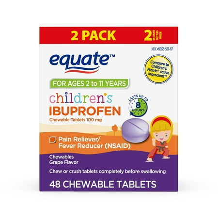 Equate Children's Ibuprofen Chewable Tablets, 100 mg, Grape Flavor, Ages 2 to 11 Years, 48 Count (2x24 Count), Compare to Children's Motrin® Active Ingredient