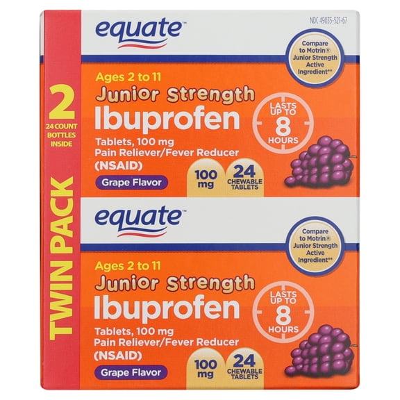 Equate Children's Ibuprofen Chewable Tablets, 100 mg, Grape Flavor, Ages 2 to 11 Years, 48 Count (2x24 Count), Compare to Children's MotrinÂ® Active Ingredient