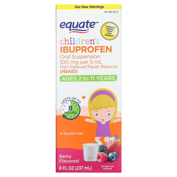 Equate Children's Pain Reliever/Fever Reducer Ibuprofen Oral Suspension, Berry Flavor, 100 mg, 8 fl oz