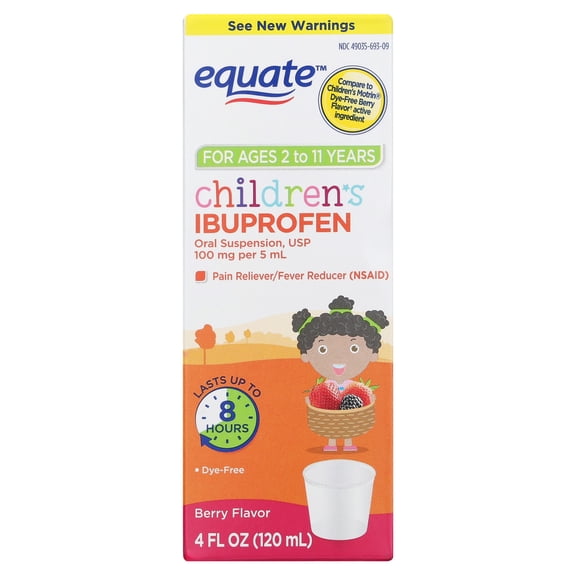 Equate Children's Dye-Free Ibuprofen Oral Suspension, 100 mg, Berry Flavor, Ages 2 to 11 Years, 4 fl oz, Compare to Children's Motrin® Dye-Free Berry Flavor Active Ingredient
