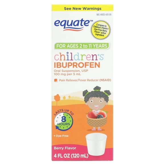 Equate Dye-Free Ibuprofen Fever Reducer Liquid for Cold with Dosing Cup Compare to Children's Motrin® 100 mg 4 FL OZ (120mL)
