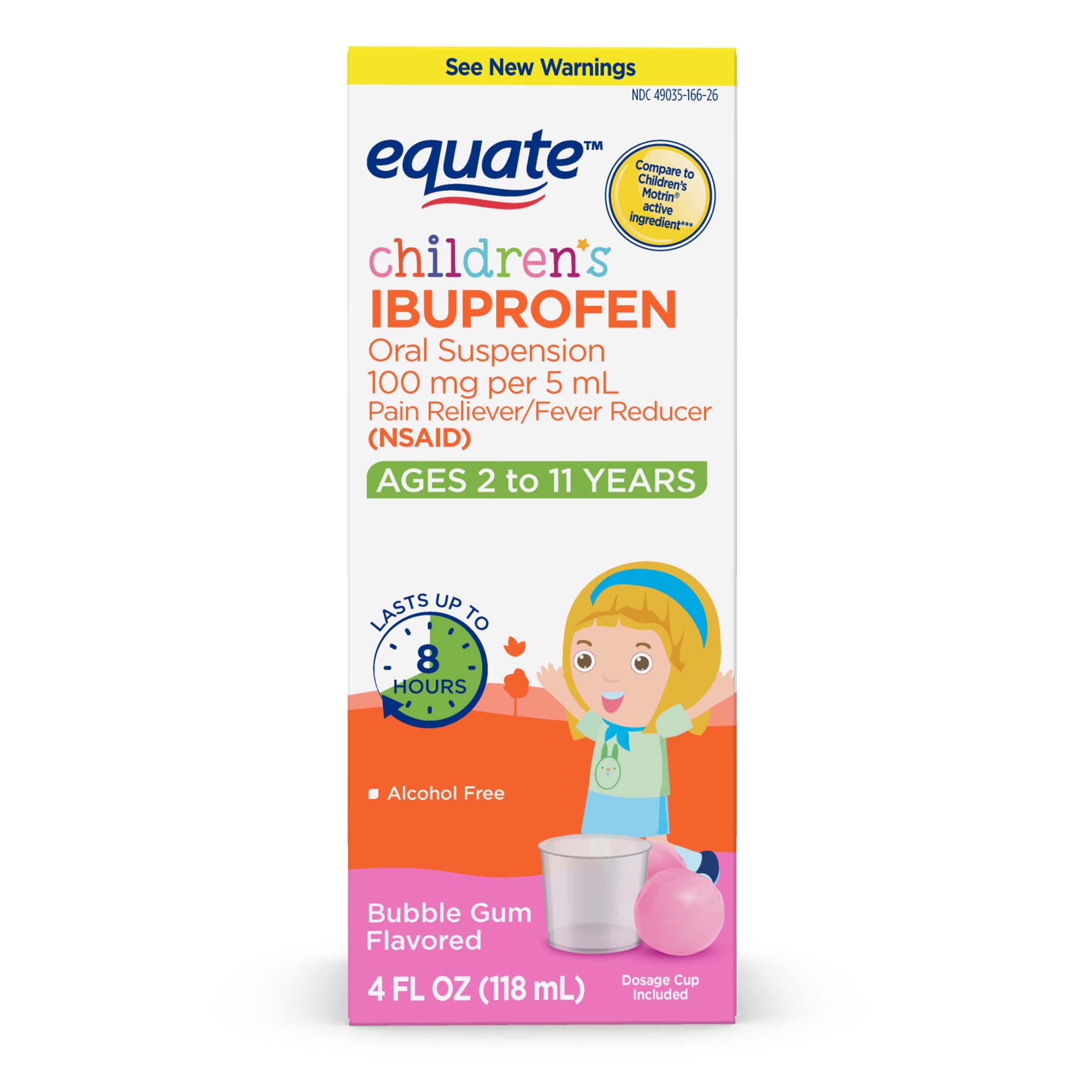 Equate Children's Ibuprofen Oral Suspension Pain & Fever Reducer 100 mg per 5 mL (NSAID), Bubble Gum Flavor, 4 fl oz - image 1 of 7