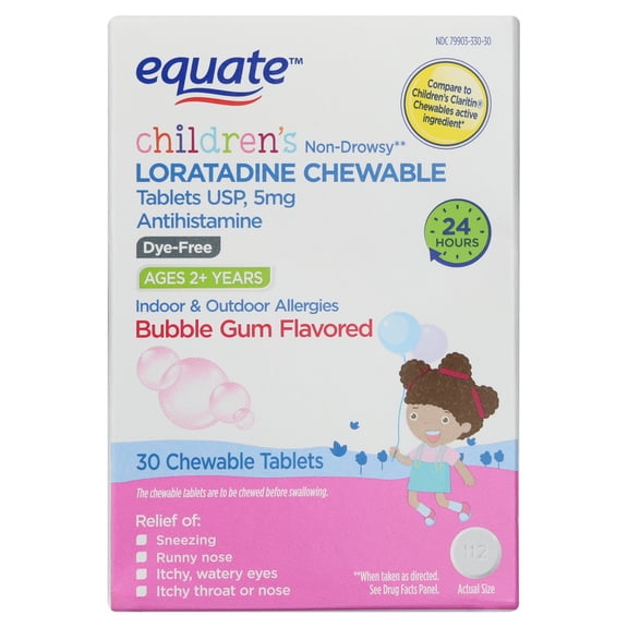 Equate Children's Loratadine Bubble Gum Flavored Chewable Tablets 5 mg, 30 Count