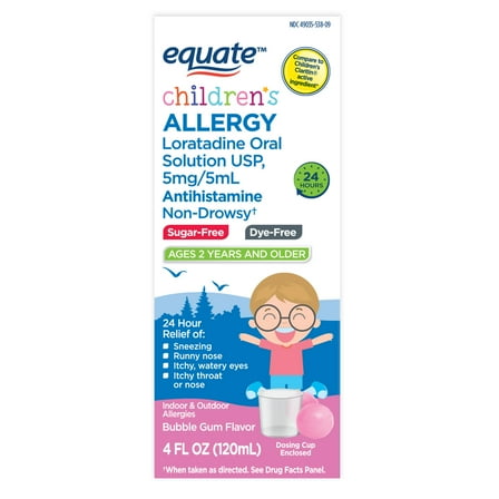Equate Children’s 24-Hour Dye-Free Non Drowsy Loratadine Allergy Relief Oral Solution, Bubble Gum Flavor, Ages 2 Years and Older, 4 fl oz, Compare to Children's Claritin® Active Ingredient