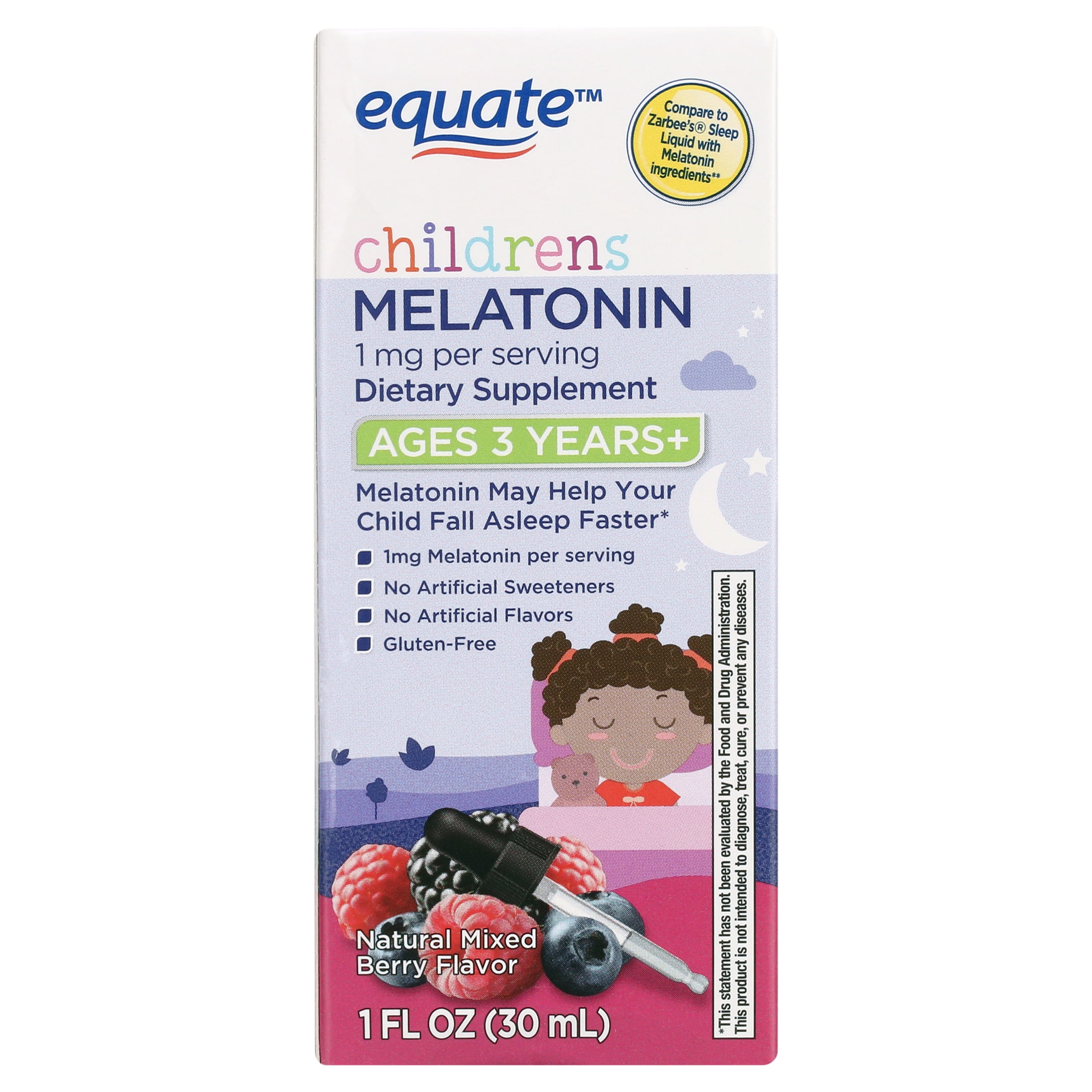 Equate Childrens Sleep Aid Melatonin Liquid Supplement, 1 mg, Mixed Berry Flavor, Ages 3 Years +, 1 fl oz, Compare to Zarbee's Sleep Liquid with Melatonin Ingredients