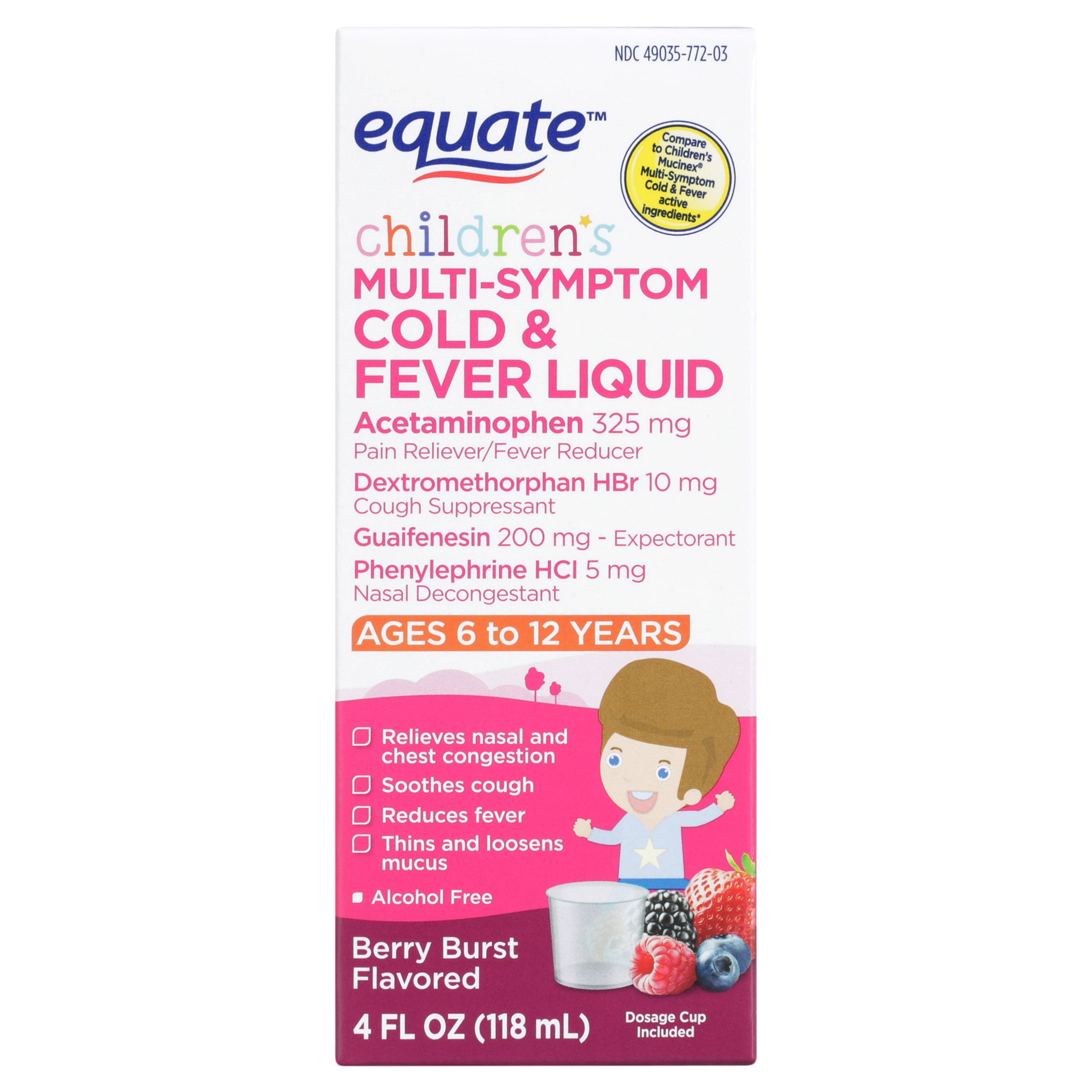 Equate Children's Multi-Symptom Cold & Fever Liquid, Berry Burst, 4 fl oz