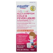 Equate Children's Multi-Symptom Cold & Fever Liquid, Berry Burst Flavor, Ages 6 to 12 Years, 4 fl oz, Compare to Children's MucinexÂ® Multi-Symptom Cold & Fever Active Ingredients