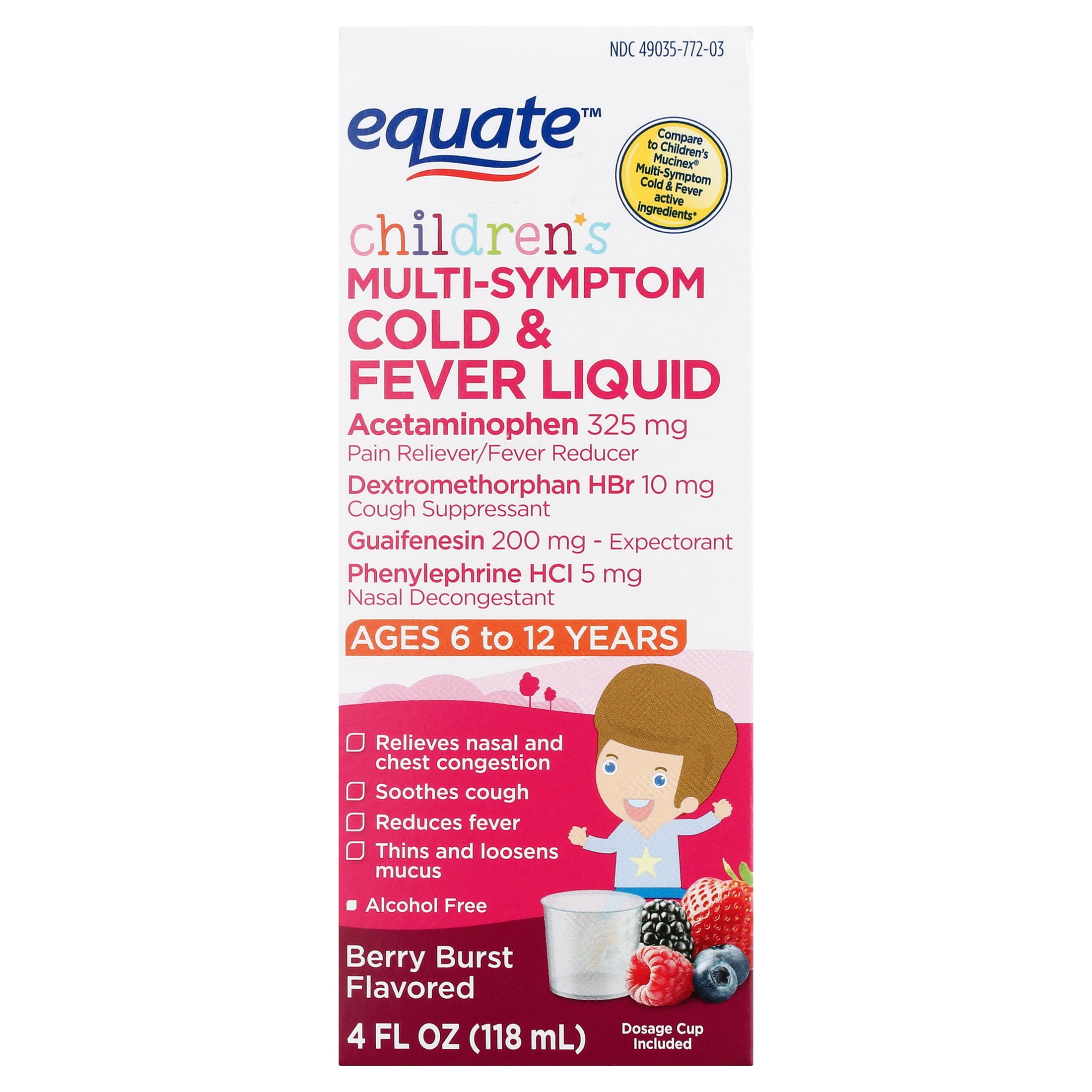 Equate Children's Multi-Symptom Cold & Fever Liquid, Berry Burst Flavor, Ages 6 to 12 Years, 4 fl oz, Compare to Children's Mucinex Multi-Symptom Cold & Fever Active Ingredients