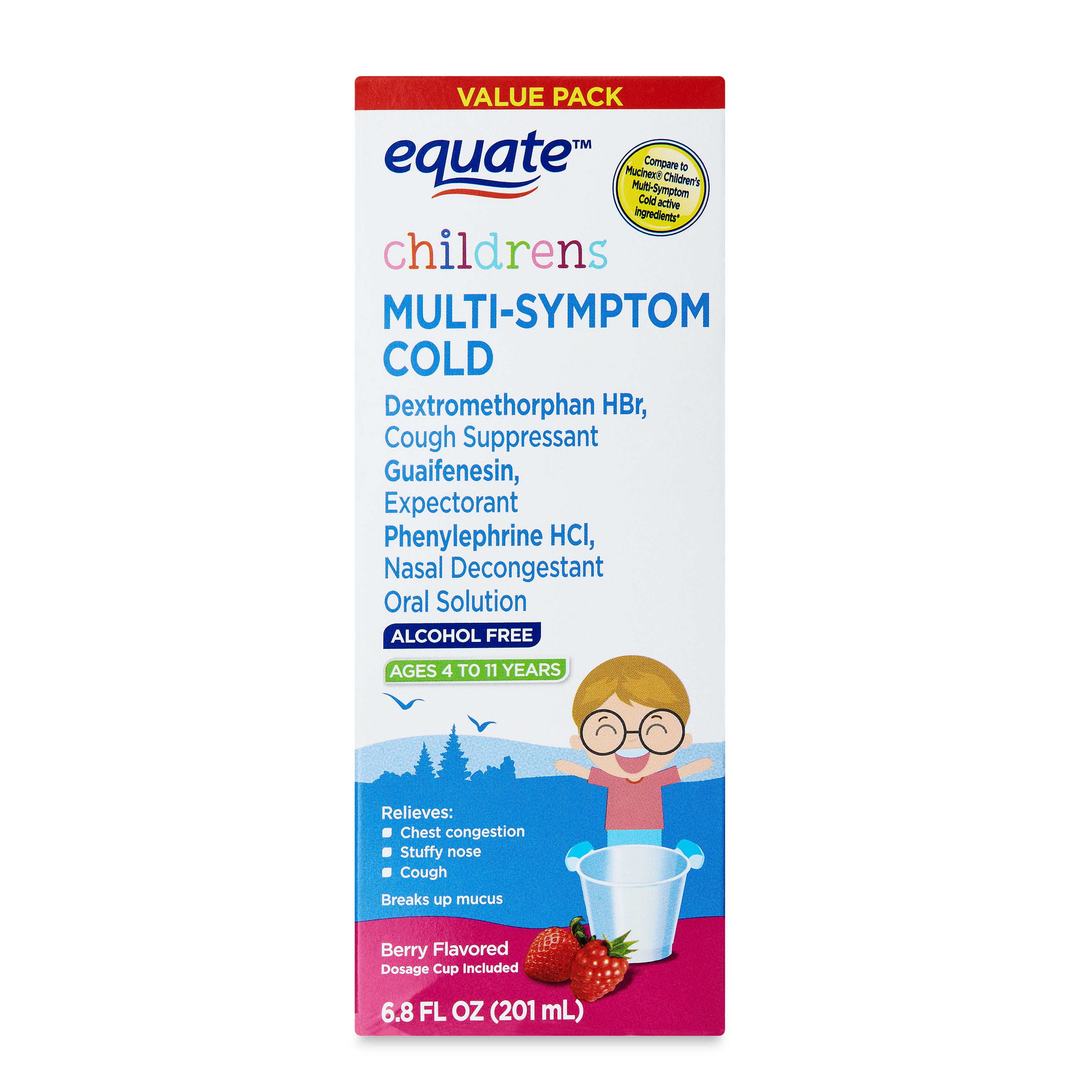 Equate Children's Multi-Symptom Cold Liquid, Berry Flavor, Ages 4 to 11 Years, 4 fl oz, Compare to Children's Mucinex Multi-Symptom Cold Active Ingredients