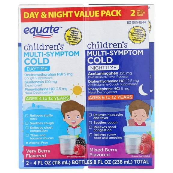 Equate Children's Multi-Symptom Day & Night Cold Liquid, Berry Flavor, Ages 4 to 12 Years, 8 fl oz (2x4 fl oz), Compare to Children's Mucinex (Nighttime) Multi-Symptom Cold Active Ingredients