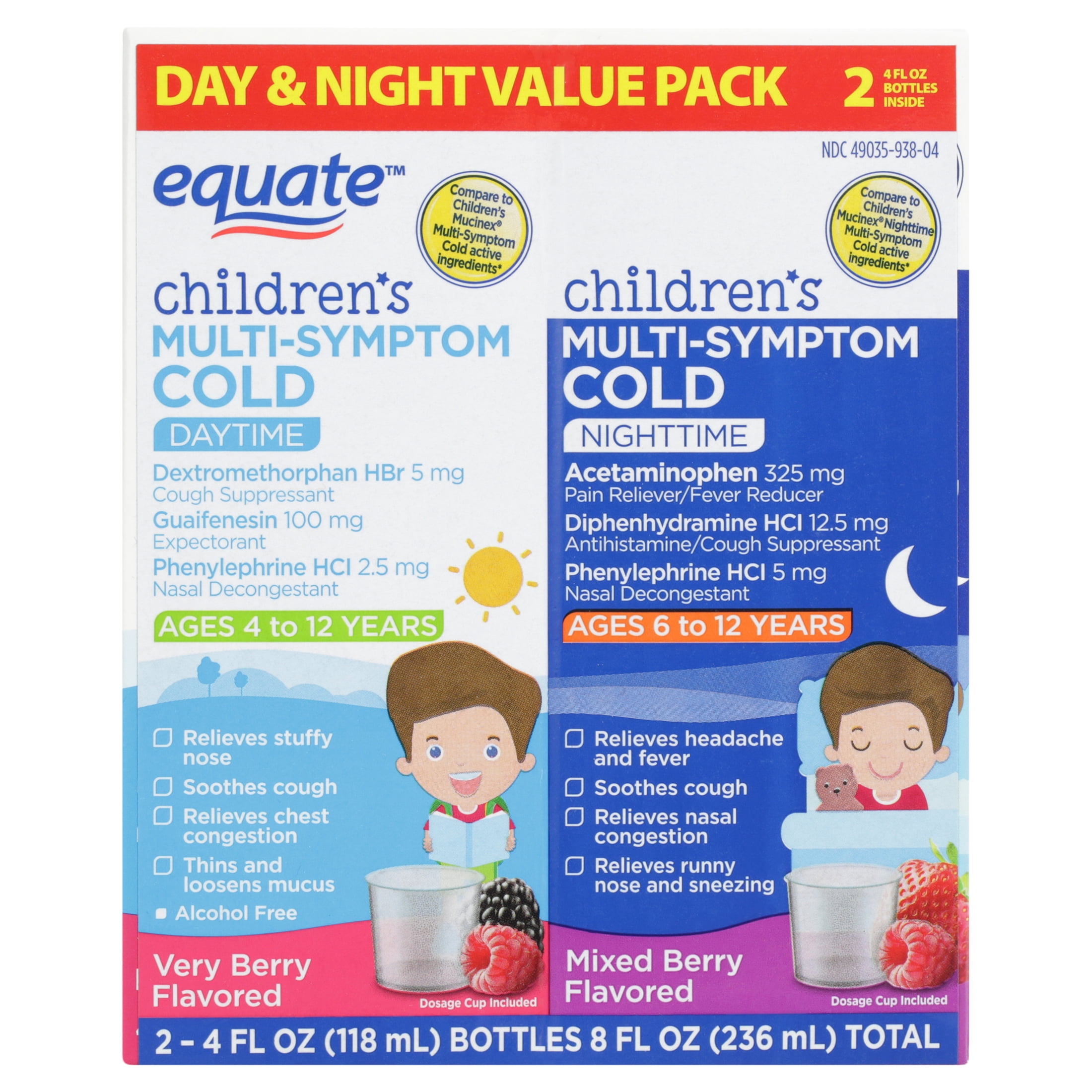 Equate Children's Multi-Symptom Day & Night Cold Liquid, Berry Flavor, Ages 4 to 12 Years, 8 fl oz (2x4 fl oz), Compare to Children's Mucinex (Nighttime) Multi-Symptom Cold Active Ingredients