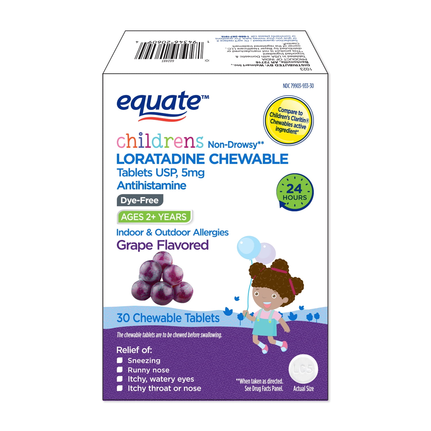 Equate Children's Dye-Free Non-Drowsy Loratadine Grape Flavor Chewable Tablets, 5 mg, 30 Count